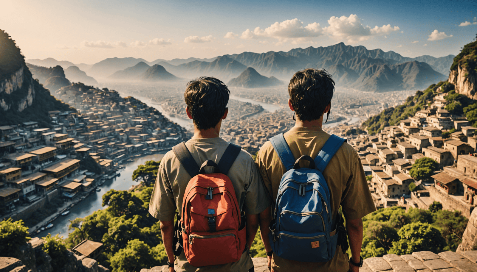 Travelers with backpacks observe a scenic view of distant mountains and valleys