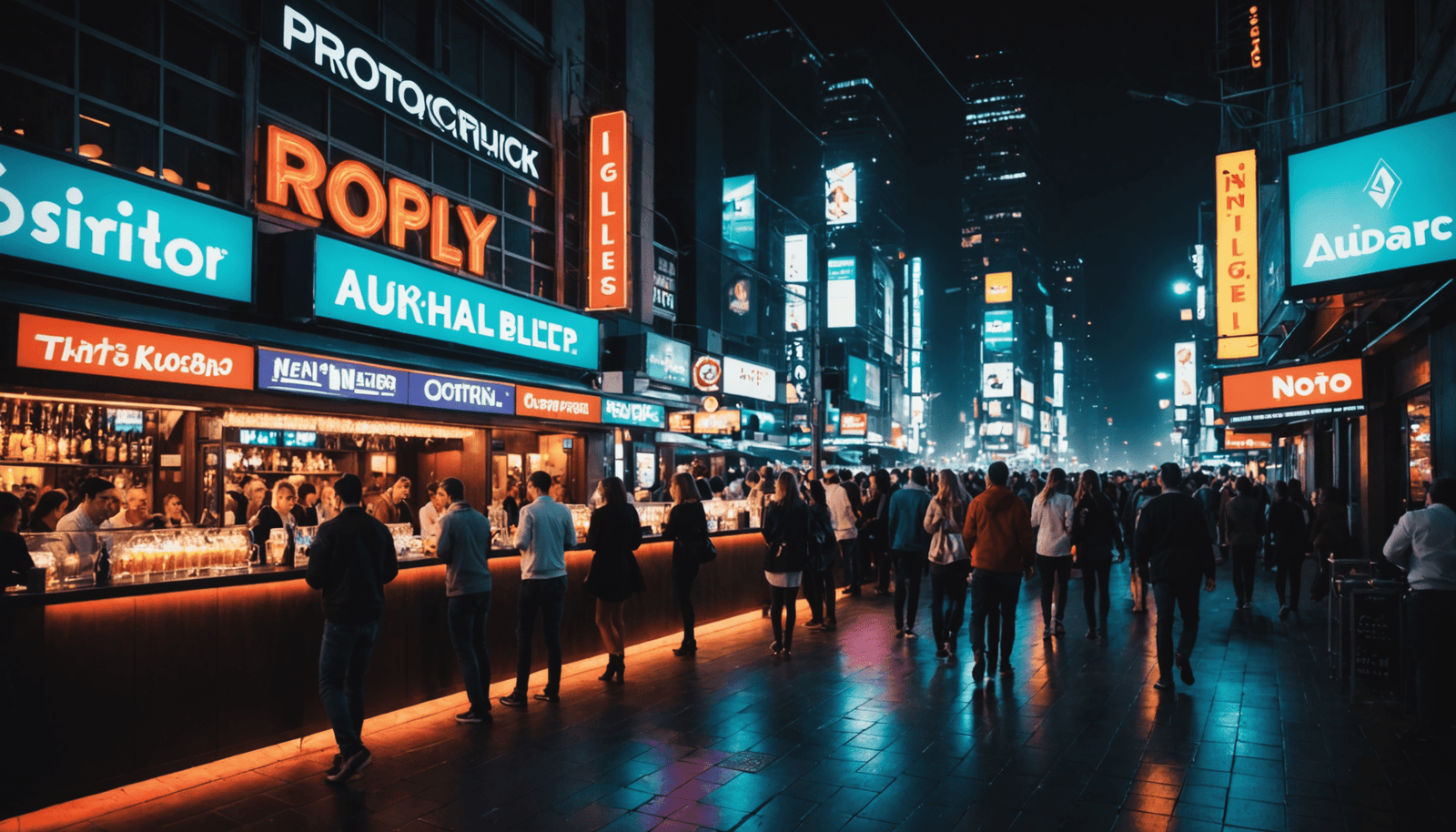 Brightly lit nightlife scene with crowded bars and people walking down the street