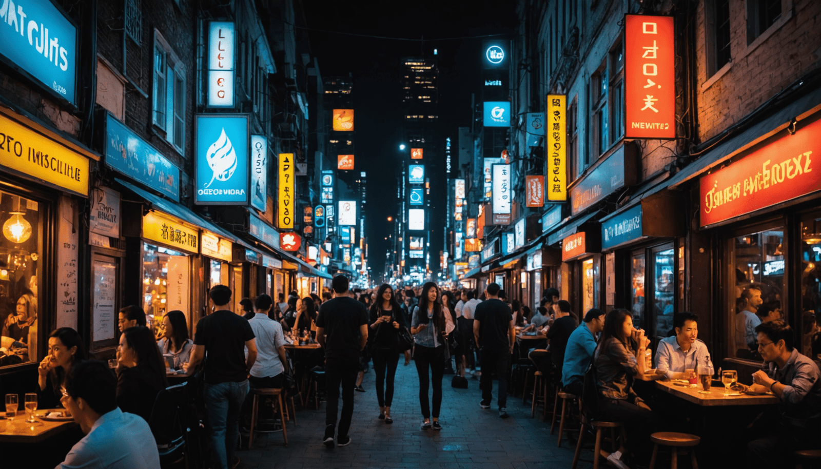 Busy street in the evening filled with people dining at outdoor tables under bright neon signs