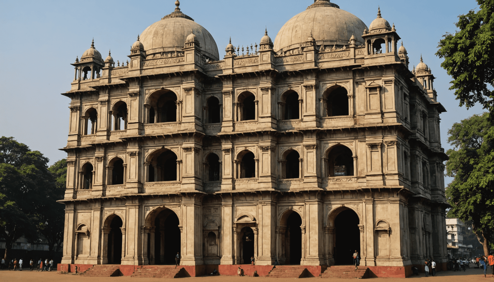 Historic building with domes and arches surrounded by trees and people