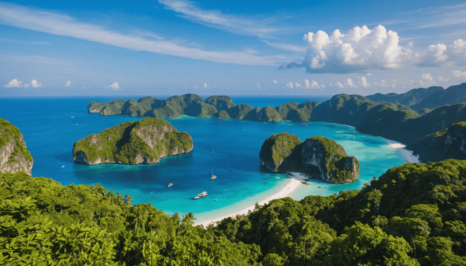 Beautiful tropical island bay with turquoise waters and lush green hills