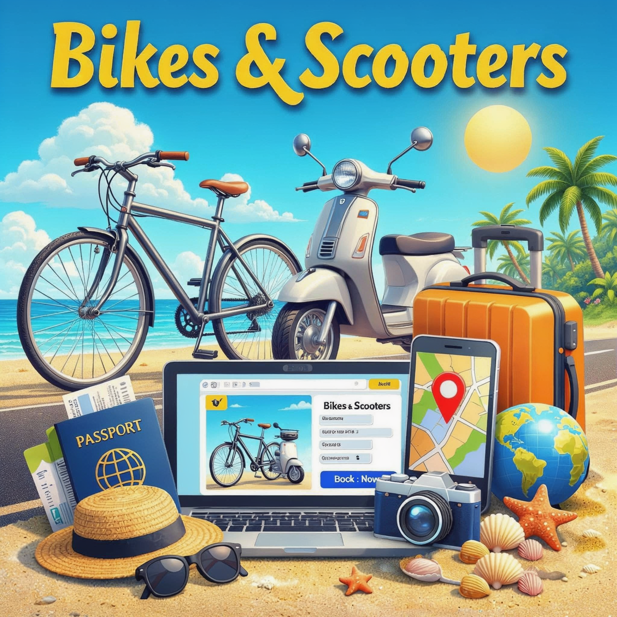 Bikes & Scooters with a bicycle and a scooter alongside travel gear and a laptop on a beach scene