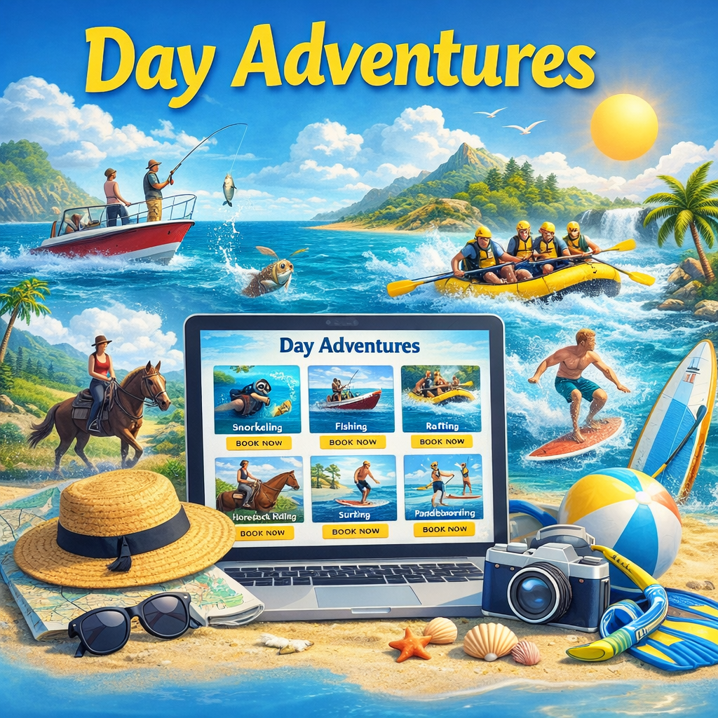 Day Adventures featuring various activities like snorkeling and surfing alongside a laptop displaying bookings
